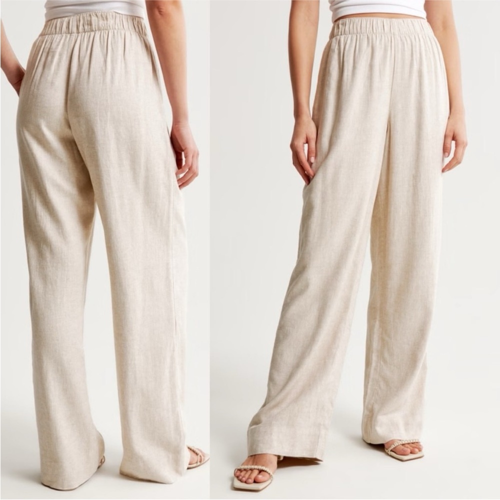 Abercrombie LONG Linen Blend Pull On Pant Wide Leg Light Beige High Rise Small